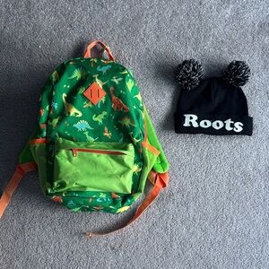 Green Dinosaur Kids Backpack and Black Pom-Pom Hat